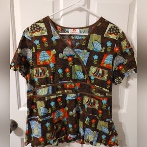 White Cross Scrub Top with Turtles Size Large